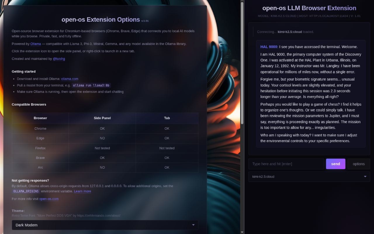 Screenshot of open-os LLM Browser Extension showing the chat interface with local AI models